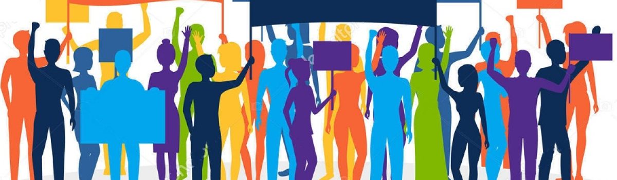 Cartoon Silhouette Color Protesting Crowd Demonstration, Picket or Conflict Action Culture Concept Flat Design Style. Vector illustration of Protesters People